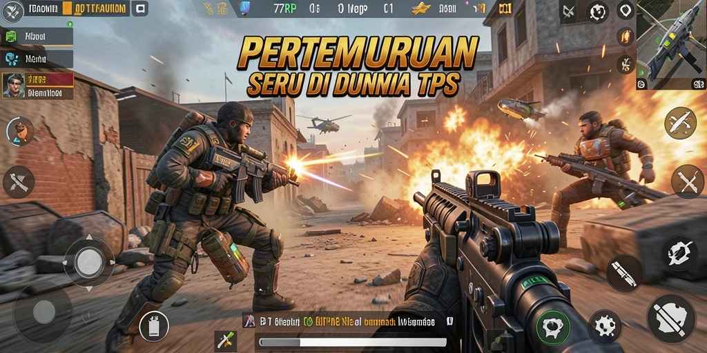 Tangkapan layar utama 77RP menampilkan aksi pertempuran intens di TPS.