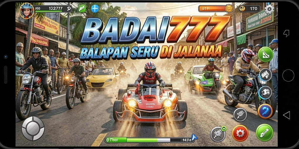 Screenshot utama BADAI777 menampilkan aksi balapan mendebarkan di jalanan.