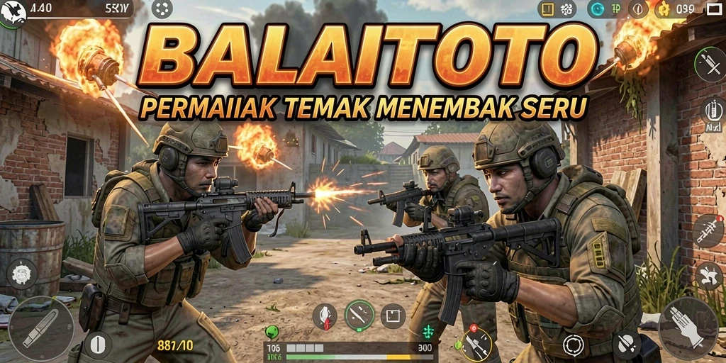 Screenshot utama BALAITOTO menampilkan aksi tembak menembak yang intens.