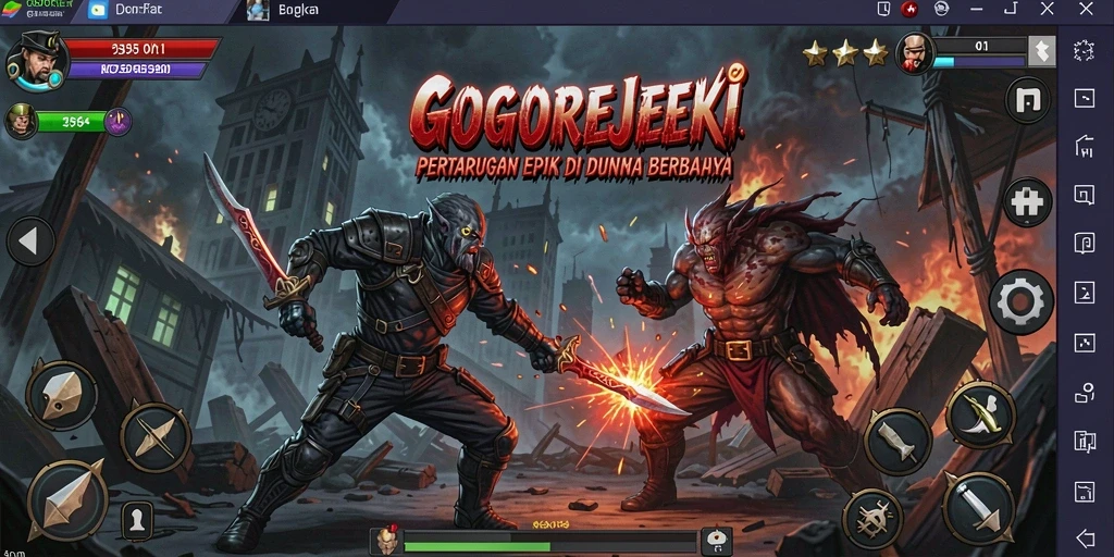 Tampilan gameplay GOGOREJEKI yang menampilkan duel seru antar karakter.