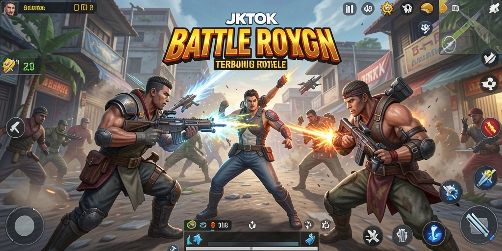 Screenshot gameplay JKTOK yang menunjukkan pertarungan seru dalam mode Battle Royale.