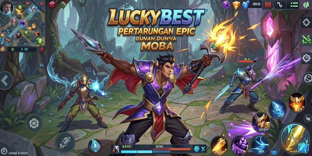 Screenshot menampilkan pertarungan intens dalam <strong>LUCKYBEST</strong> di arena MOBA.