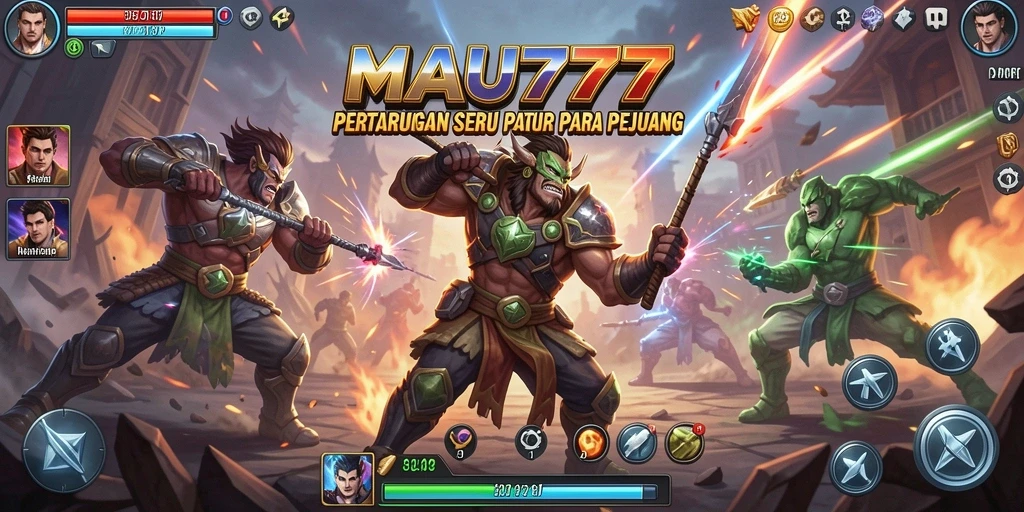 Tampilan gameplay MAU777 dengan pertarungan yang intens dan karakter unik.