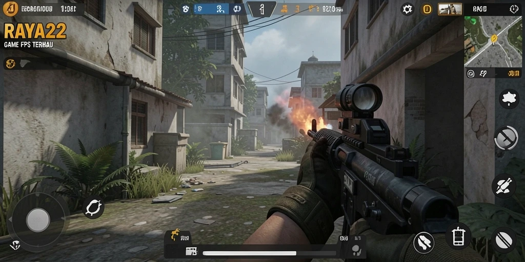 Screenshot utama RAYA22 menampilkan aksi gameplay FPS yang intens.
