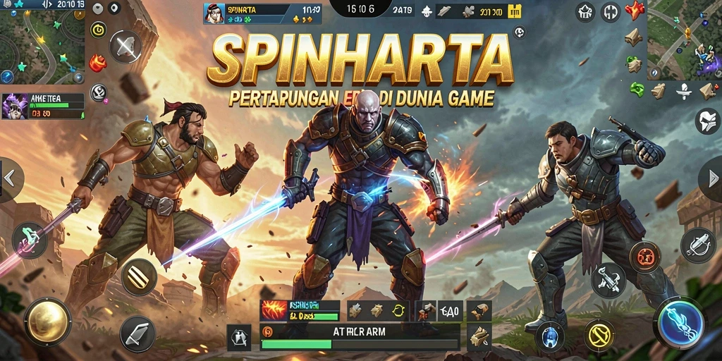 Screenshot gameplay SPINHARTA menampilkan pertarungan seru dan karakter unik.